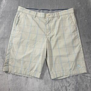 Tommy Bahama Performance Shorts Mens 34 Tan Blue Windowpane Plaid Stretch